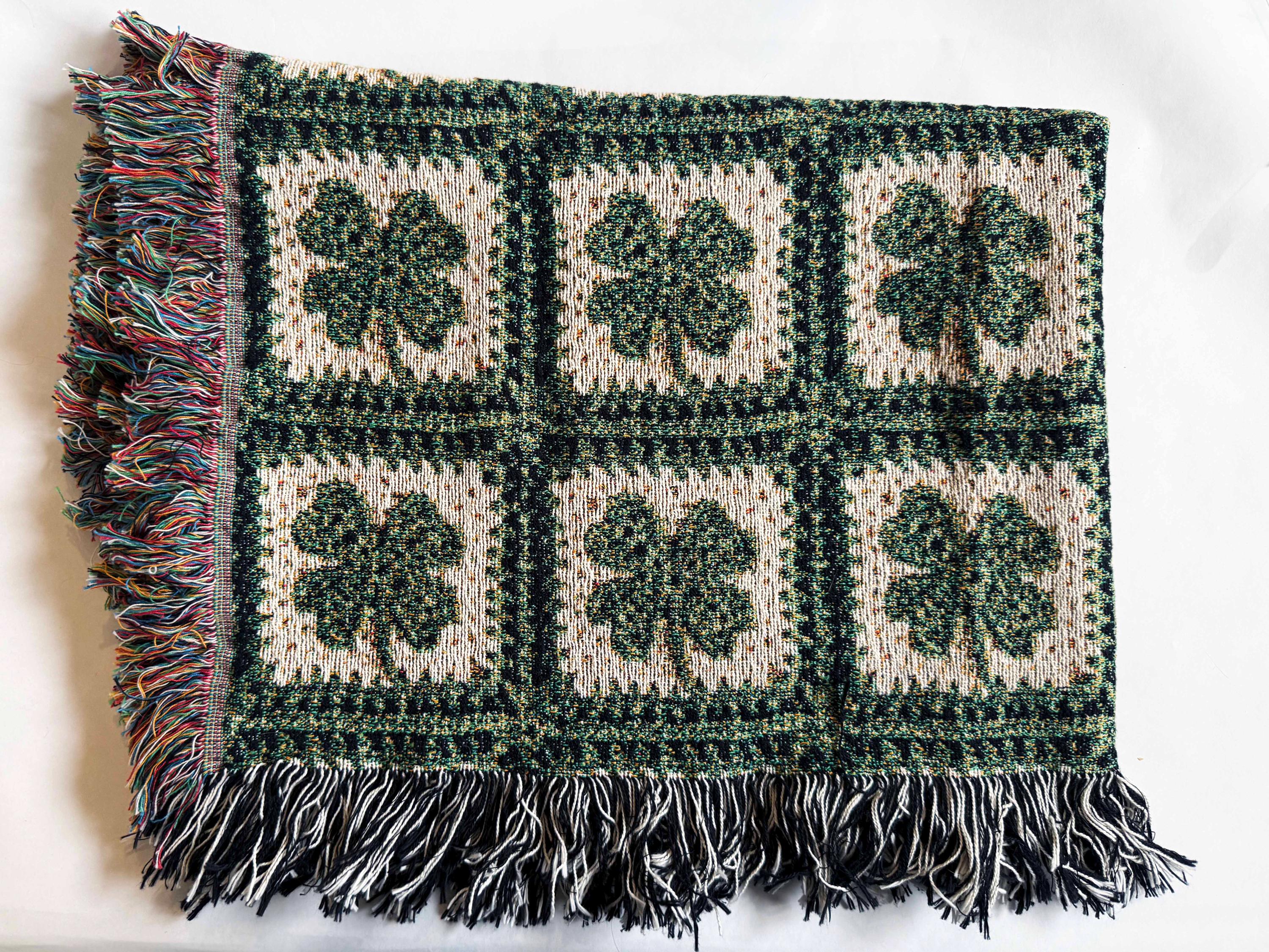 IRISH Throw Blanket Lucky 4 Leaf Clover Woven Cotton Blanket Rustic Cottagecore Room Decor, Shamrock Heirloom Quality Tapestry Wall Art