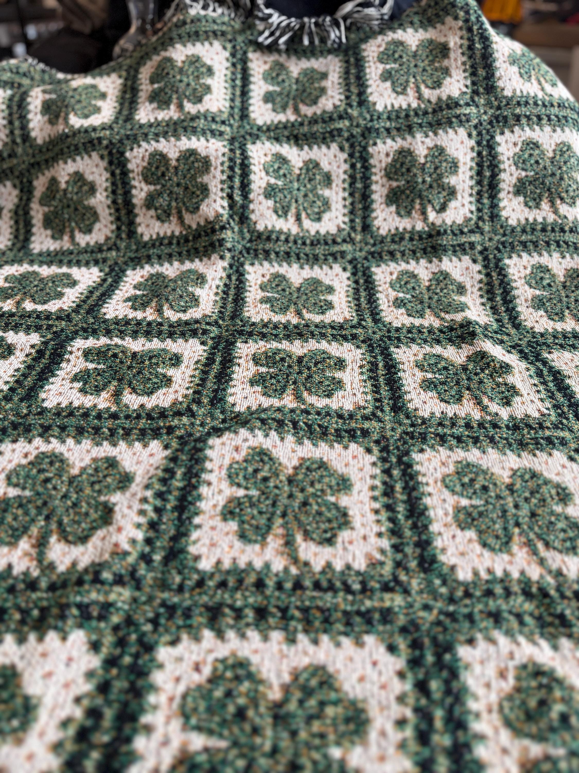 IRISH Throw Blanket Lucky 4 Leaf Clover Woven Cotton Blanket Rustic Cottagecore Room Decor, Shamrock Heirloom Quality Tapestry Wall Art