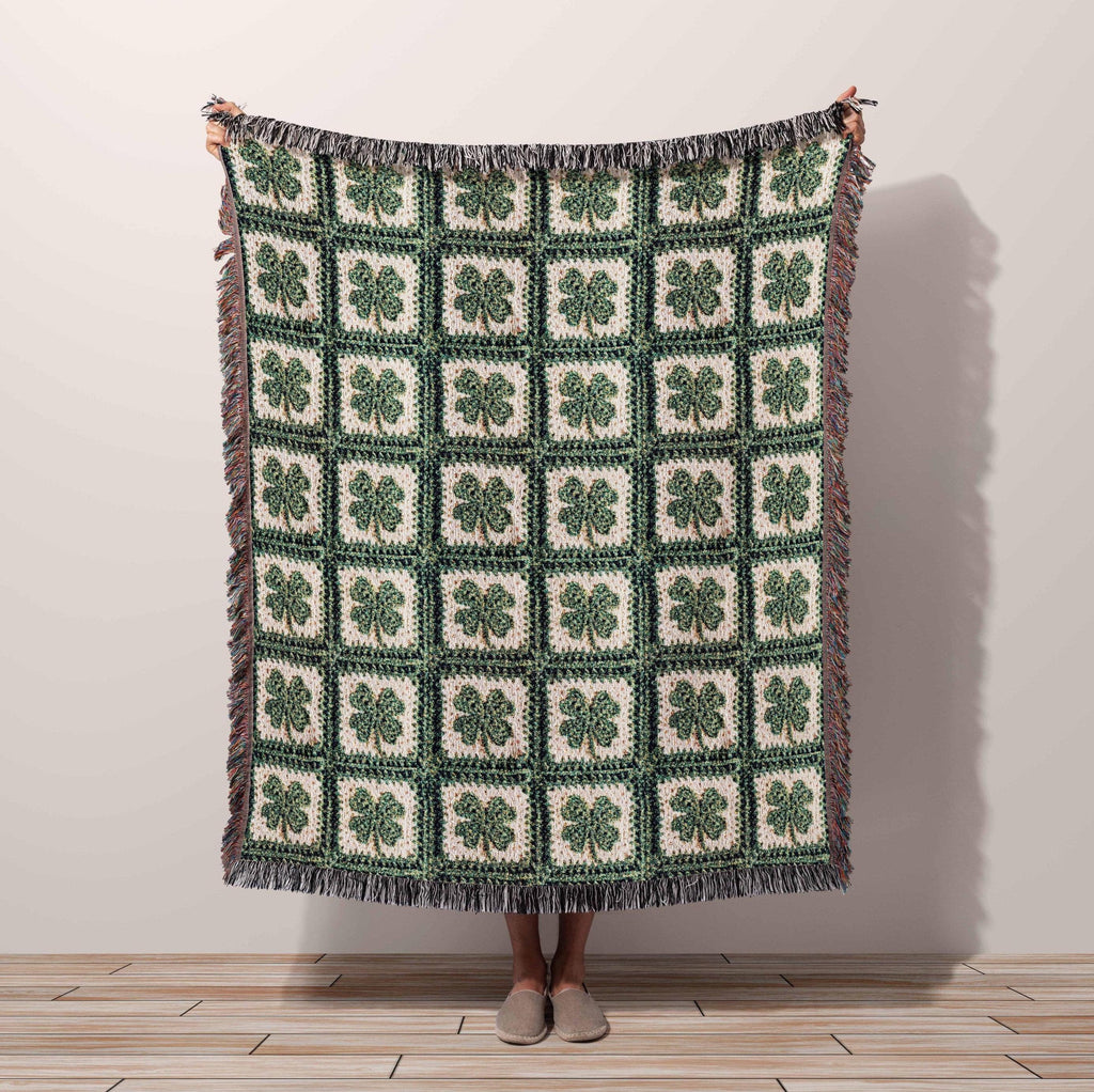 IRISH Throw Blanket Lucky 4 Leaf Clover Woven Cotton Blanket Rustic Cottagecore Room Decor, Shamrock Heirloom Quality Tapestry Wall Art