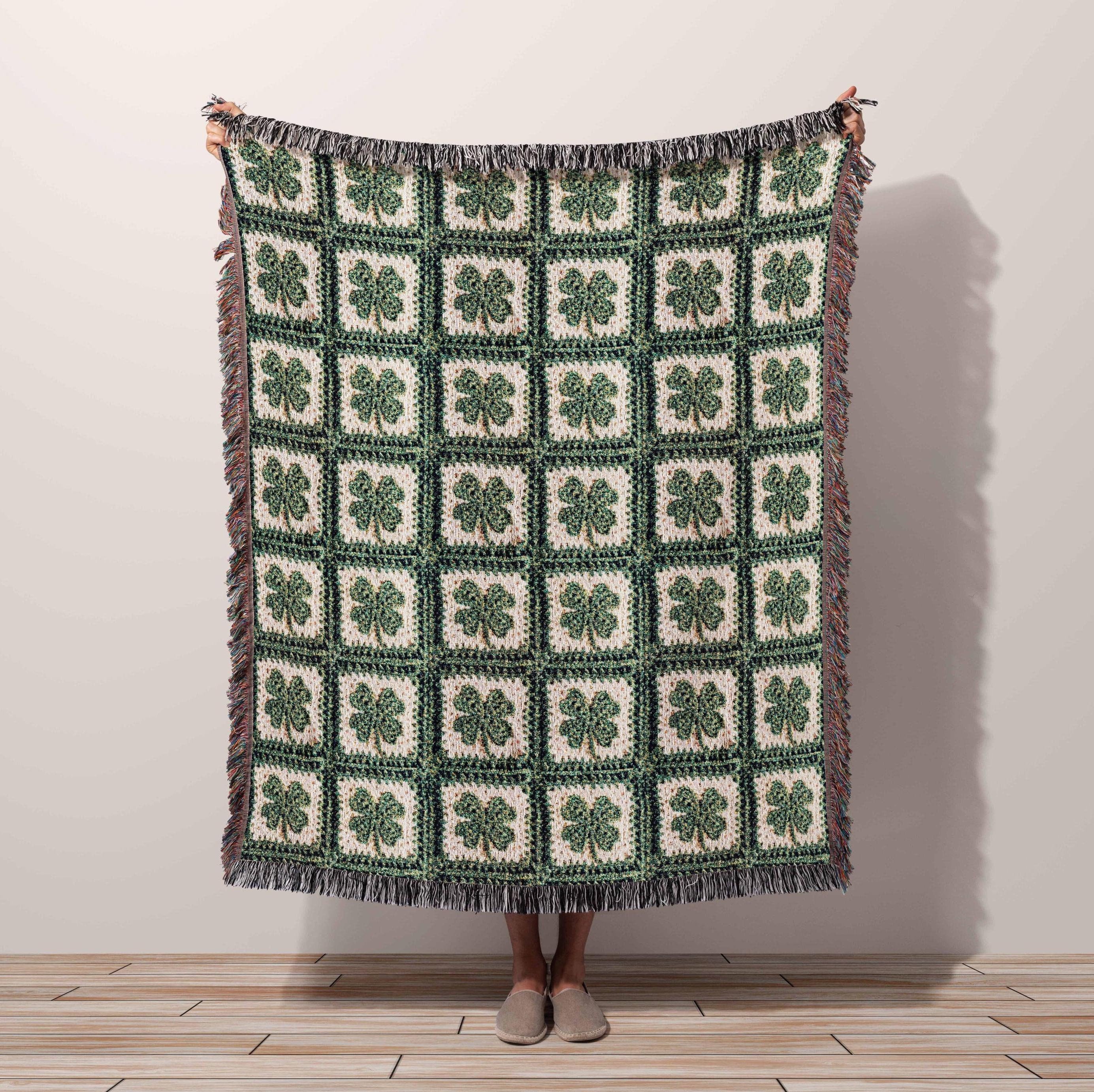 IRISH Throw Blanket Lucky 4 Leaf Clover Woven Cotton Blanket Rustic Cottagecore Room Decor, Shamrock Heirloom Quality Tapestry Wall Art