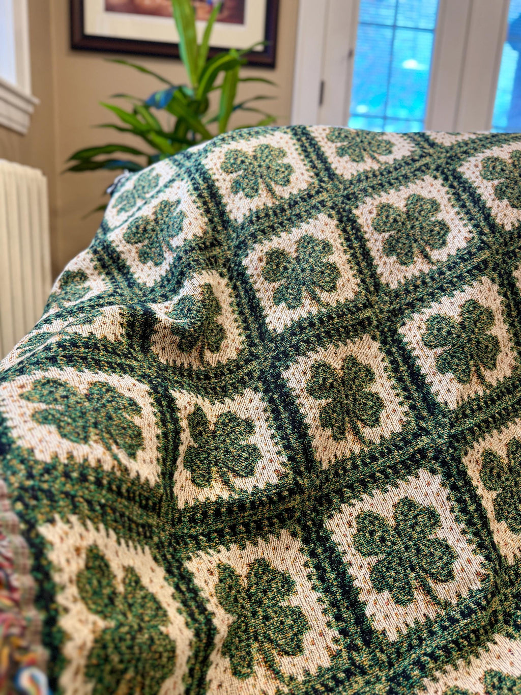 IRISH Throw Blanket Lucky 4 Leaf Clover Woven Cotton Blanket Rustic Cottagecore Room Decor, Shamrock Heirloom Quality Tapestry Wall Art
