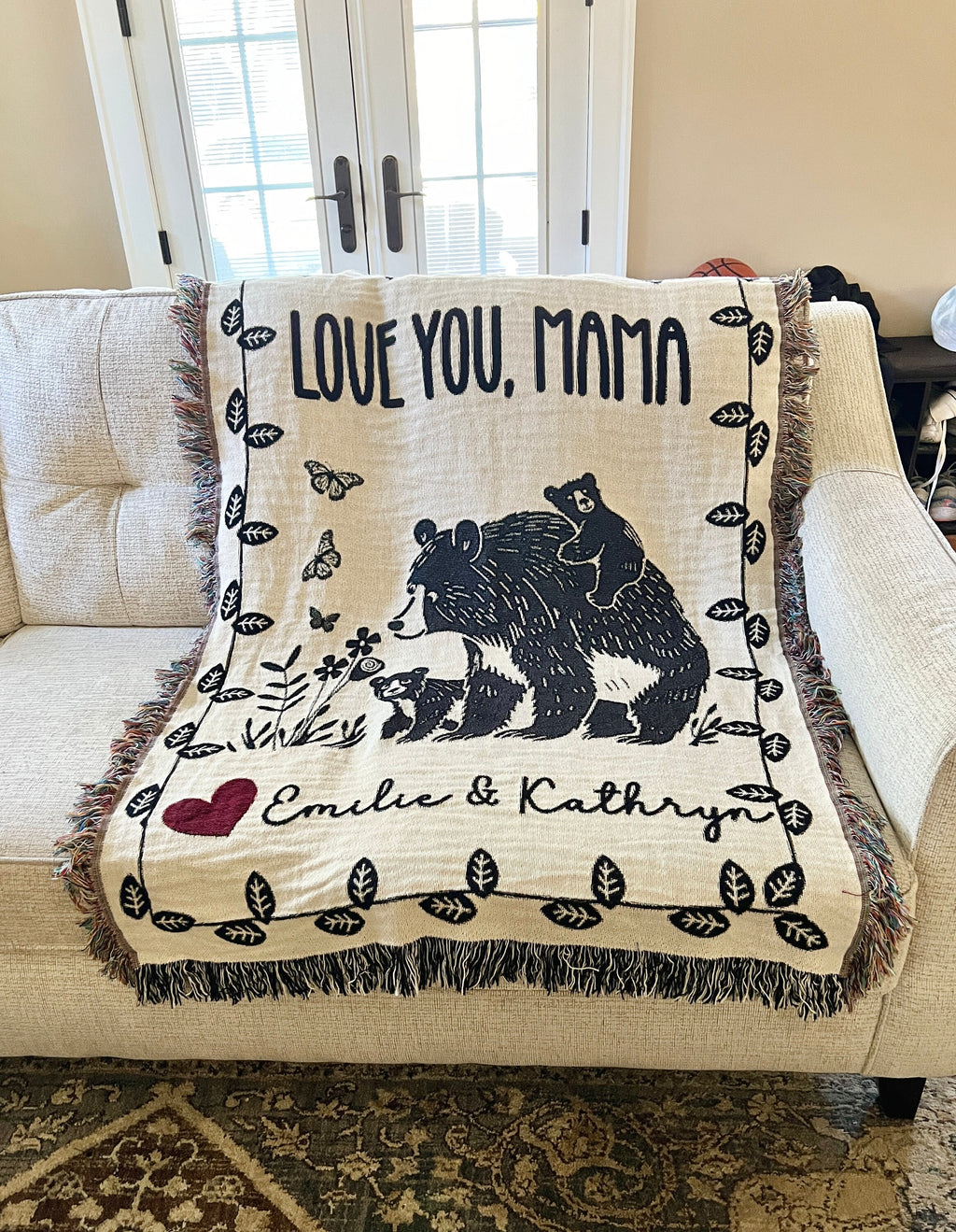 Personalized Mama Bear Cub Blanket, Floral Butterfly Tapestry