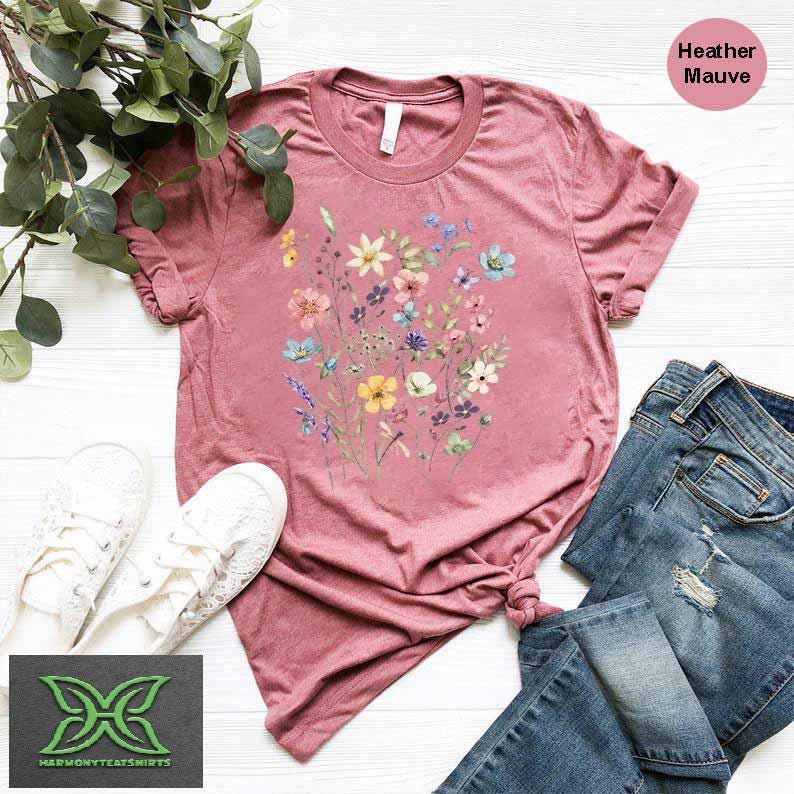 Flower Shirt Aesthetic,Gift For Women  Floral Graphic Tee, Wild Flower T-shirt,Boho Botanical Flower Tee, Gift For Gardener,Mothers Day Gift
