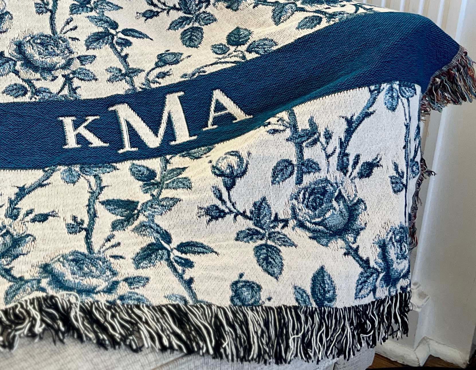 Blue Toile Throw Blanket Blue White Chinoiserie Floral Bedding Gift for Mom Wife Grandmother Traditional French Country Rococo Aesthetic