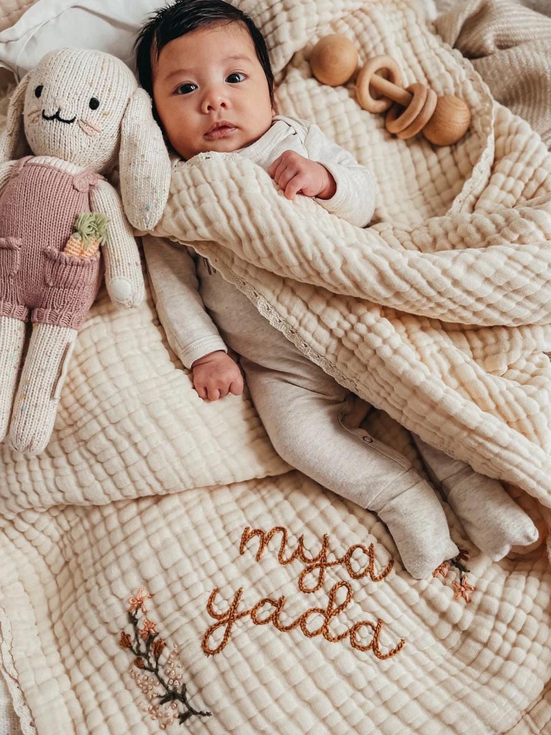 PRE-ORDER 9-Layer Muslin Quilt with hand embroidery - baby blanket , crib quilt, toddler, embroidered name