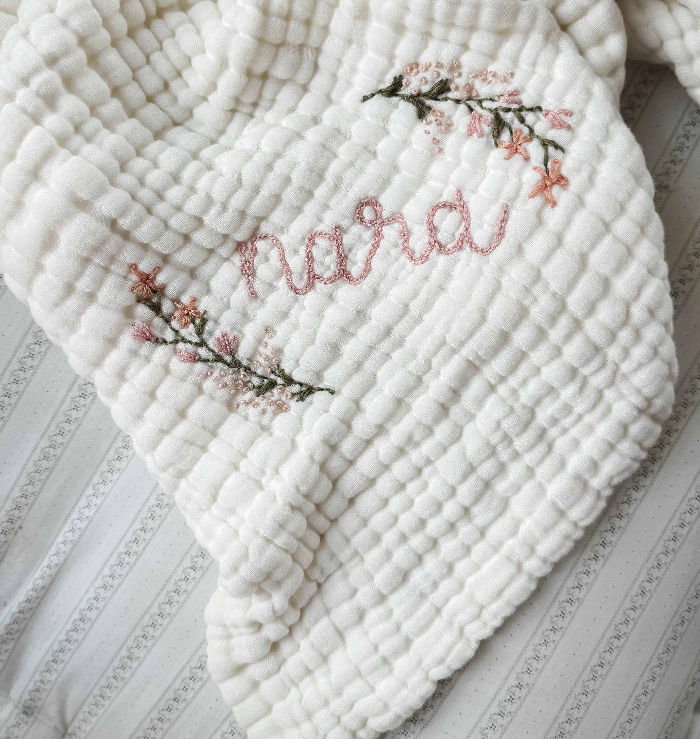 PRE-ORDER 9-Layer Muslin Quilt with hand embroidery - baby blanket , crib quilt, toddler, embroidered name