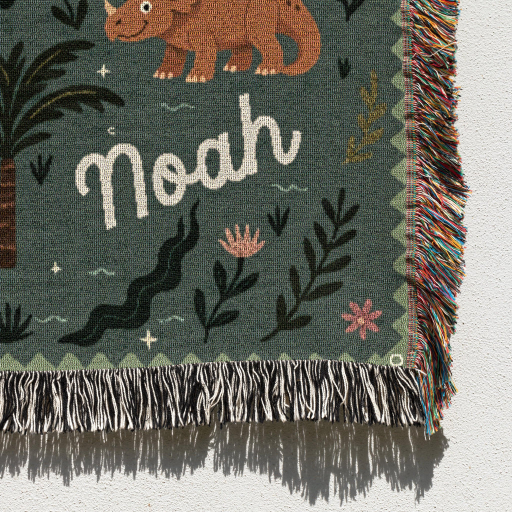 Personalized Dinosaur Blanket - Cute Triceratops Stegosaurus with Name - 100% cotton throw for dino themed room