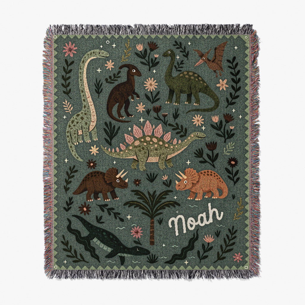Personalized Dinosaur Blanket - Cute Triceratops Stegosaurus with Name - 100% cotton throw for dino themed room