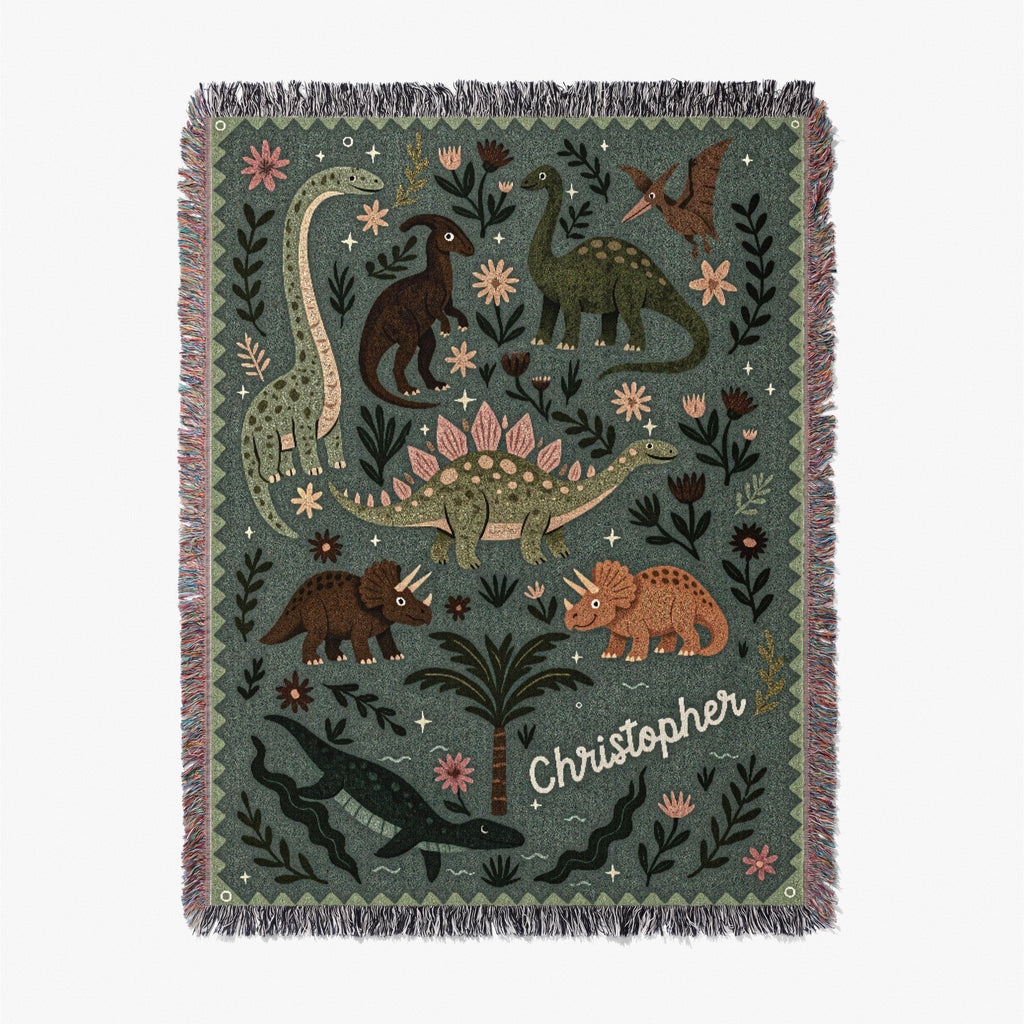 Personalized Dinosaur Blanket - Cute Triceratops Stegosaurus with Name - 100% cotton throw for dino themed room