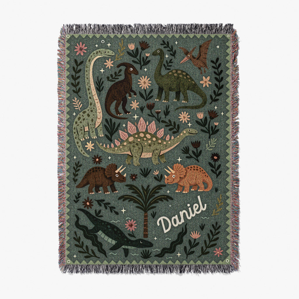 Personalized Dinosaur Blanket - Cute Triceratops Stegosaurus with Name - 100% cotton throw for dino themed room