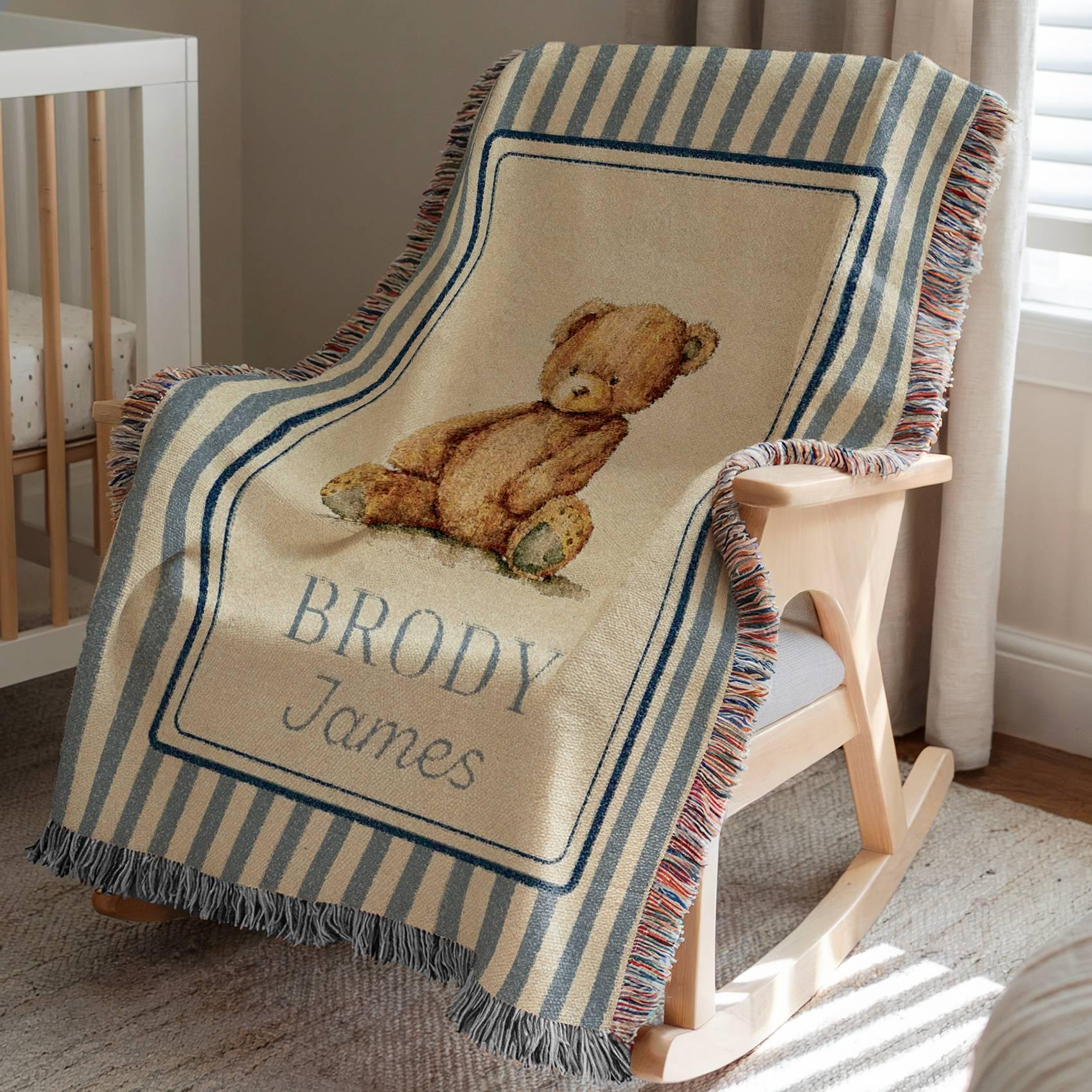 Personalized Woven Teddy Bear Baby Blanket Personalized Bear Blanket Custom Bear Blanket Bear Nursery Blanket Newborn Custom Name Blanket