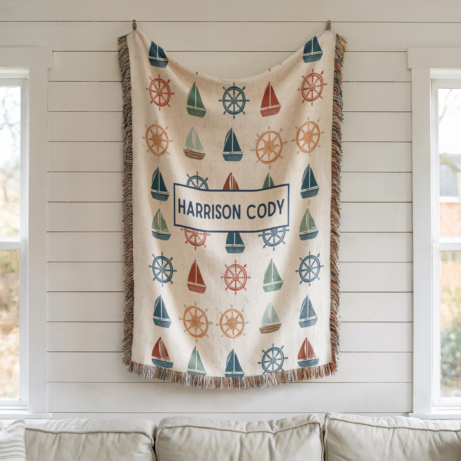 Baby Name Nautical Blanket Personalized Throw, Sailboat Nursery Decor Newborn Boy Girl with Name, Keepsake Custom Nursery Gift, 100% Cotton