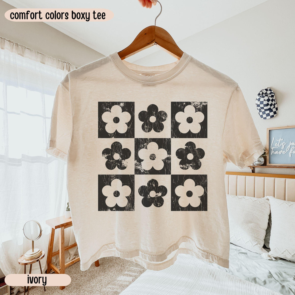 Comfort Colors® Boxy Crop Top Checkered Flowers Crop Tee Boho Floral Boxy Tee Gift For Mom Spring T Shirt Trendy Floral Cropped Tee