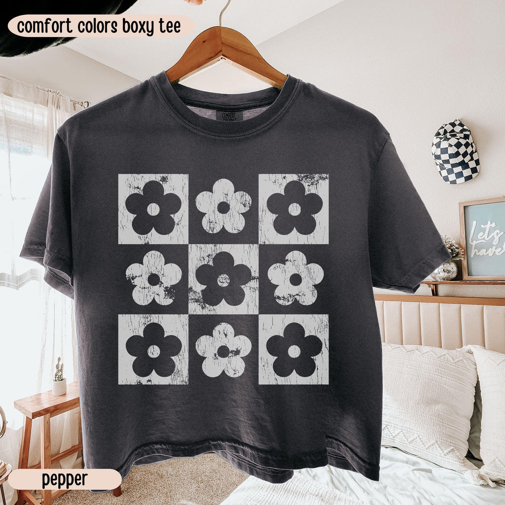 Comfort Colors® Boxy Crop Top Checkered Flowers Crop Tee Boho Floral Boxy Tee Gift For Mom Spring T Shirt Trendy Floral Cropped Tee
