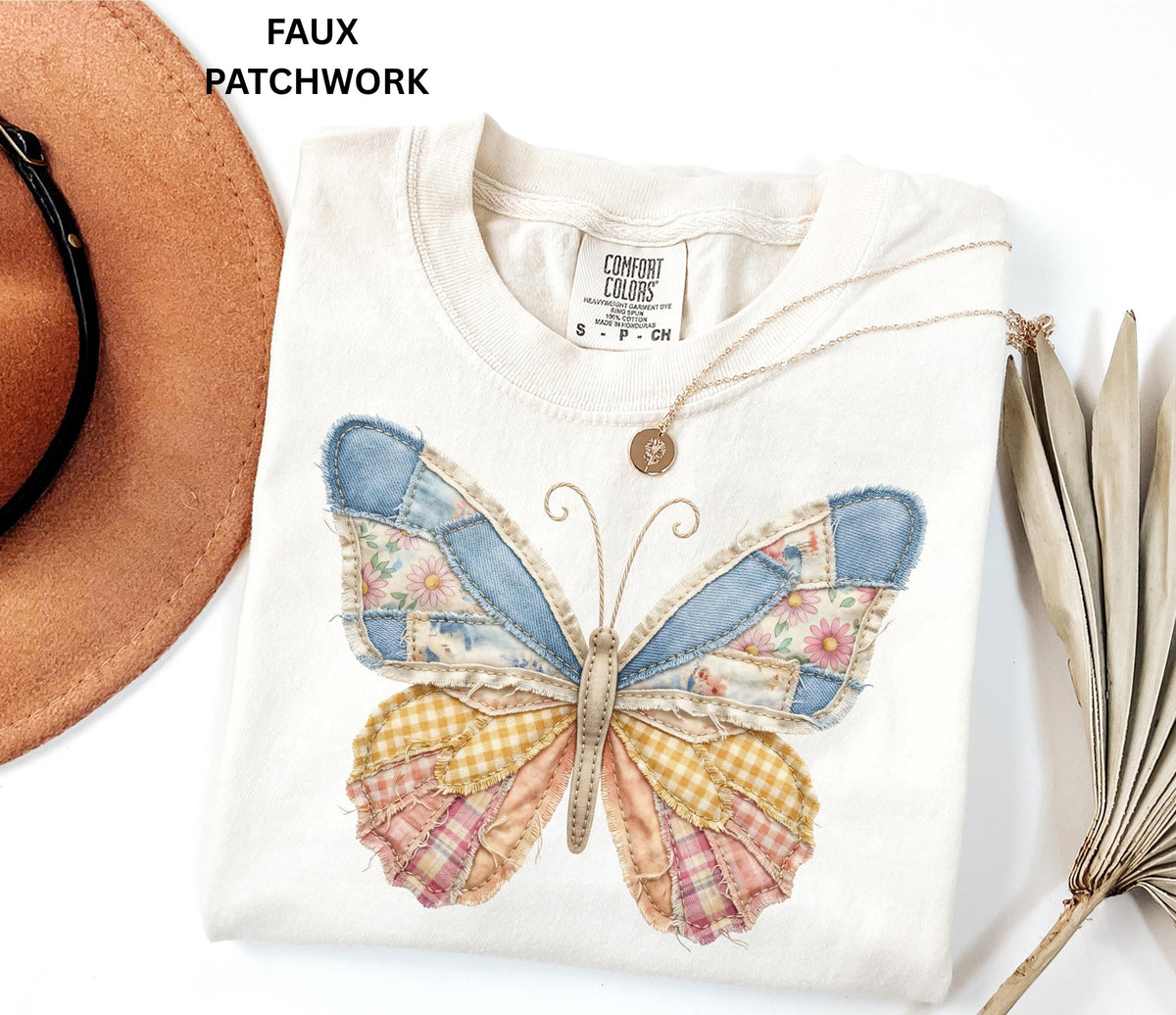 Comfort Colors Faux Patchwork Butterfly Shirt Spring Wildflower Aesthetic Graphic Tee Adult And Youth Matching Boho Vintage Shirts for Women