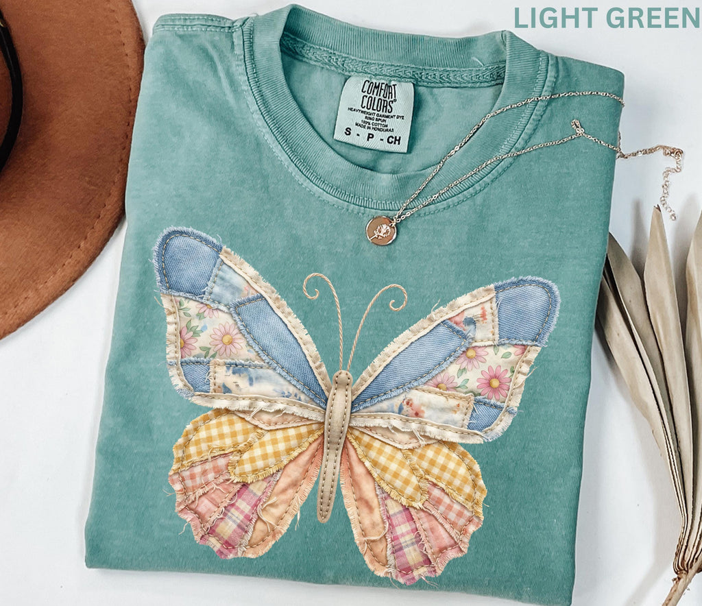 Comfort Colors Faux Patchwork Butterfly Shirt Spring Wildflower Aesthetic Graphic Tee Adult And Youth Matching Boho Vintage Shirts for Women