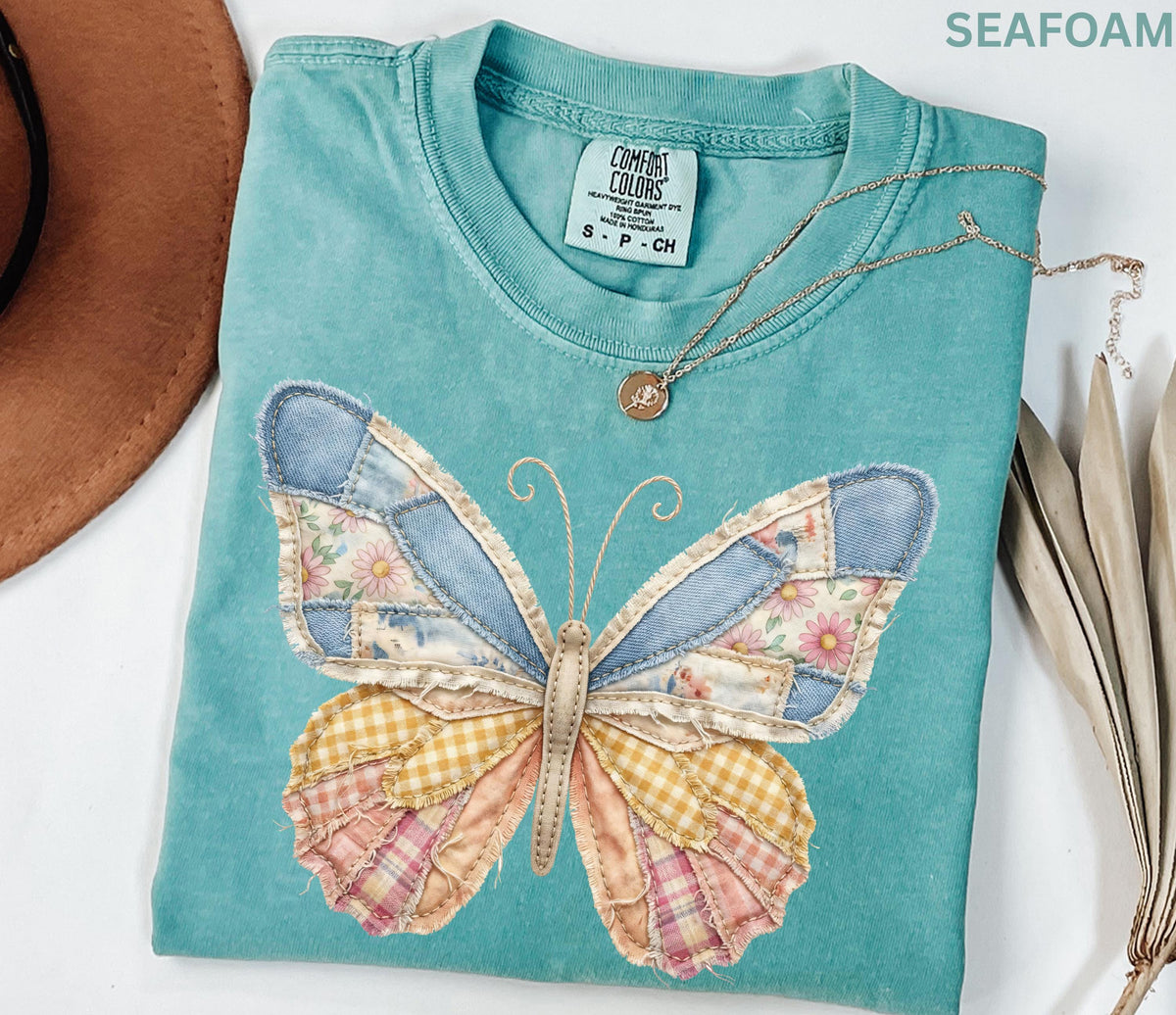 Comfort Colors Faux Patchwork Butterfly Shirt Spring Wildflower Aesthetic Graphic Tee Adult And Youth Matching Boho Vintage Shirts for Women