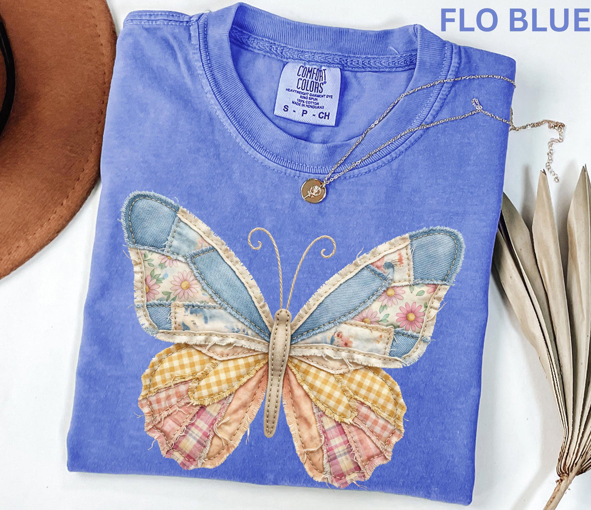 Comfort Colors Faux Patchwork Butterfly Shirt Spring Wildflower Aesthetic Graphic Tee Adult And Youth Matching Boho Vintage Shirts for Women