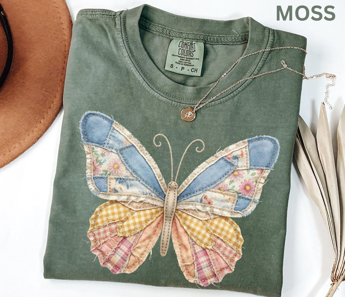 Comfort Colors Faux Patchwork Butterfly Shirt Spring Wildflower Aesthetic Graphic Tee Adult And Youth Matching Boho Vintage Shirts for Women