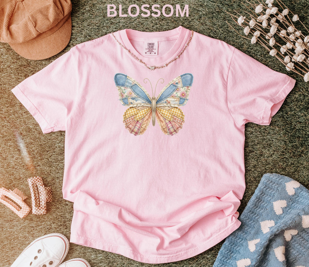 Comfort Colors Faux Patchwork Butterfly Shirt Spring Wildflower Aesthetic Graphic Tee Adult And Youth Matching Boho Vintage Shirts for Women