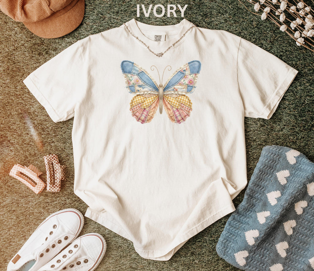 Comfort Colors Faux Patchwork Butterfly Shirt Spring Wildflower Aesthetic Graphic Tee Adult And Youth Matching Boho Vintage Shirts for Women