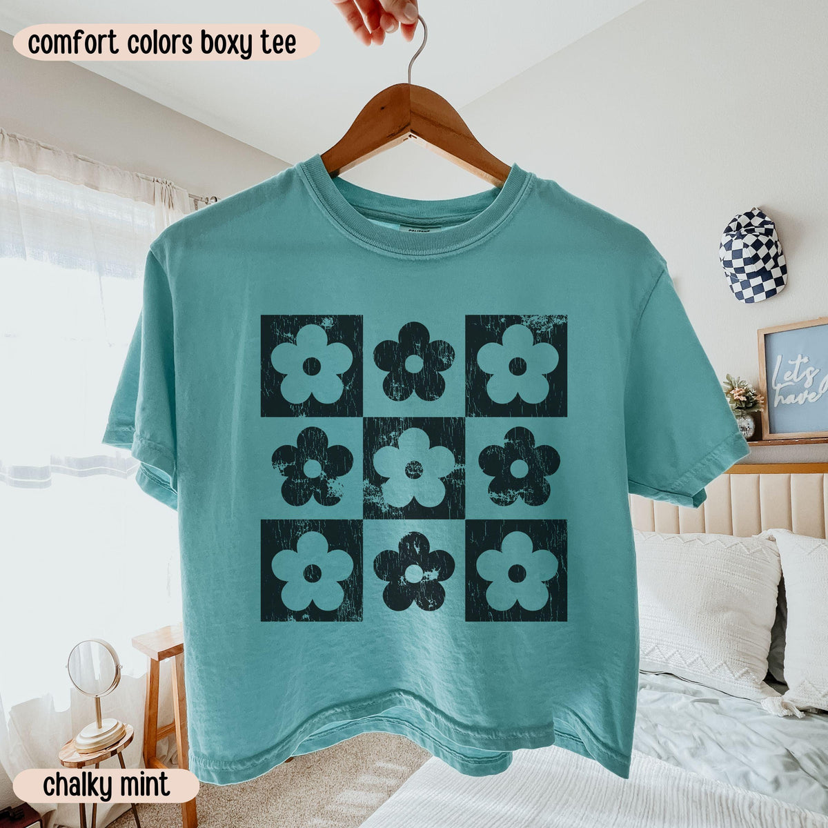 Comfort Colors® Boxy Crop Top Checkered Flowers Crop Tee Boho Floral Boxy Tee Gift For Mom Spring T Shirt Trendy Floral Cropped Tee