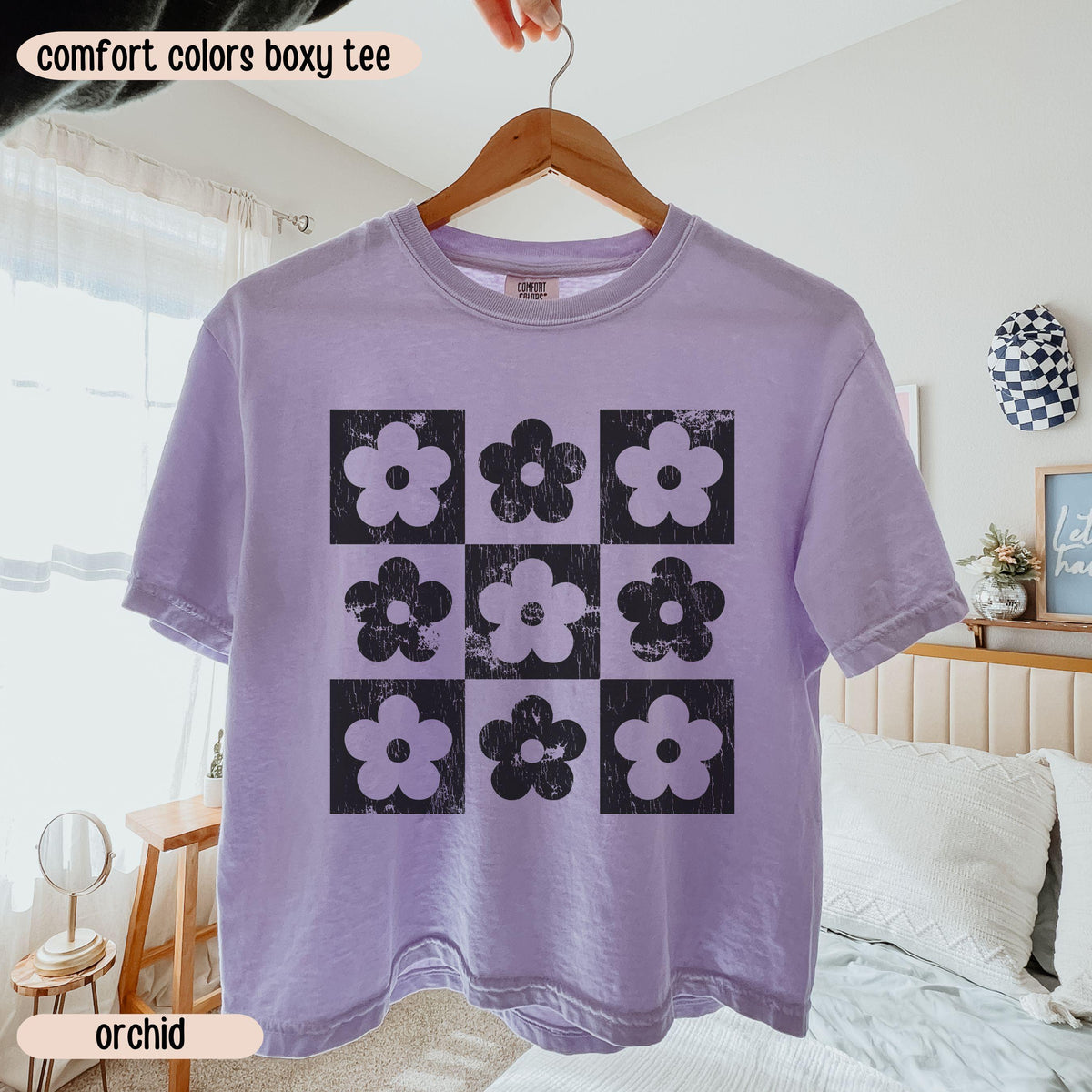 Comfort Colors® Boxy Crop Top Checkered Flowers Crop Tee Boho Floral Boxy Tee Gift For Mom Spring T Shirt Trendy Floral Cropped Tee