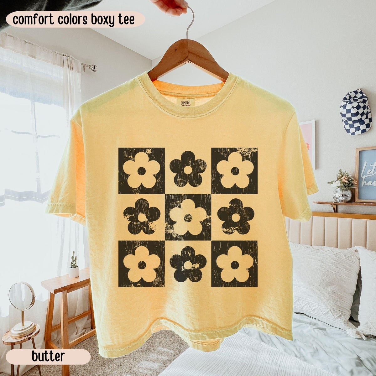 Comfort Colors® Boxy Crop Top Checkered Flowers Crop Tee Boho Floral Boxy Tee Gift For Mom Spring T Shirt Trendy Floral Cropped Tee