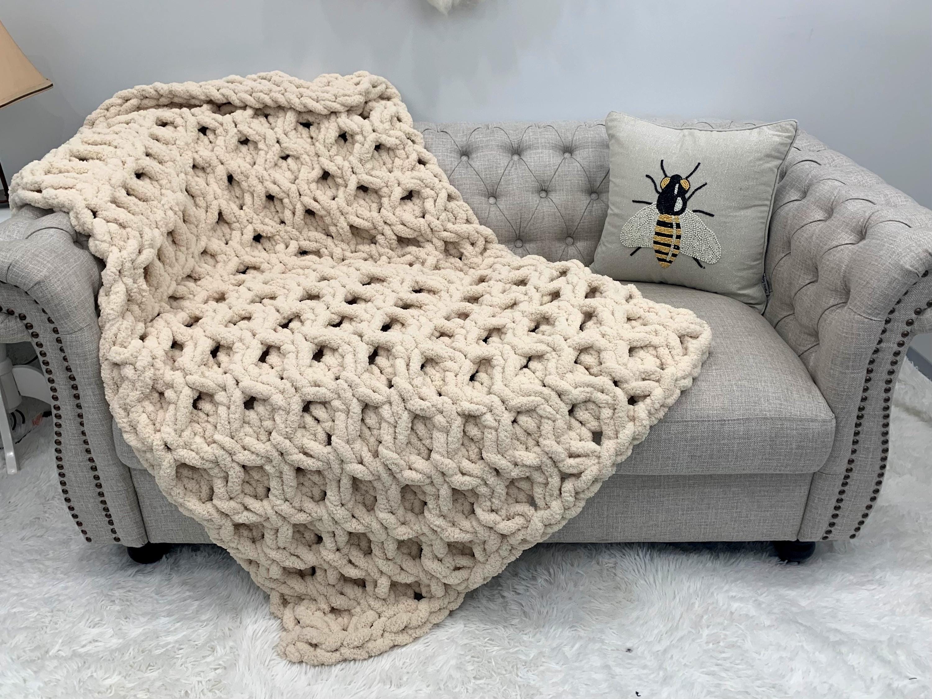 Blanket, Hand Knit, Chunky Chenille Throw, Honeycomb Pattern, Gift for her