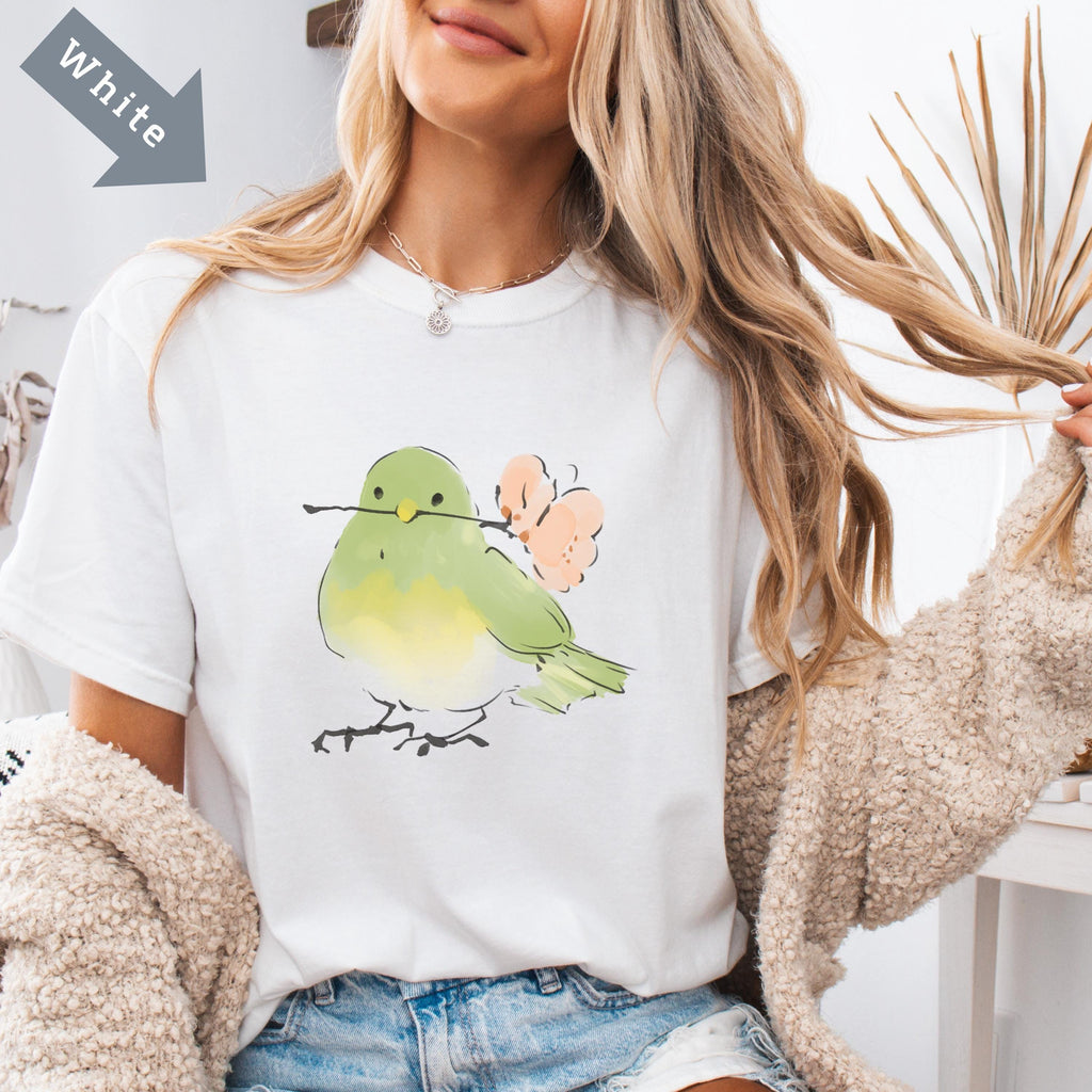 Cute Bird With Flower T-Shirt, Soft Nature Lover Gift. Comfort Colors Vintage Style Graphic Tee for Women Men, Spring Aesthetic Shirt