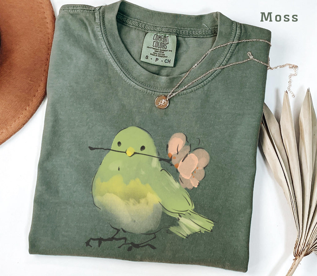 Cute Bird With Flower T-Shirt, Soft Nature Lover Gift. Comfort Colors Vintage Style Graphic Tee for Women Men, Spring Aesthetic Shirt