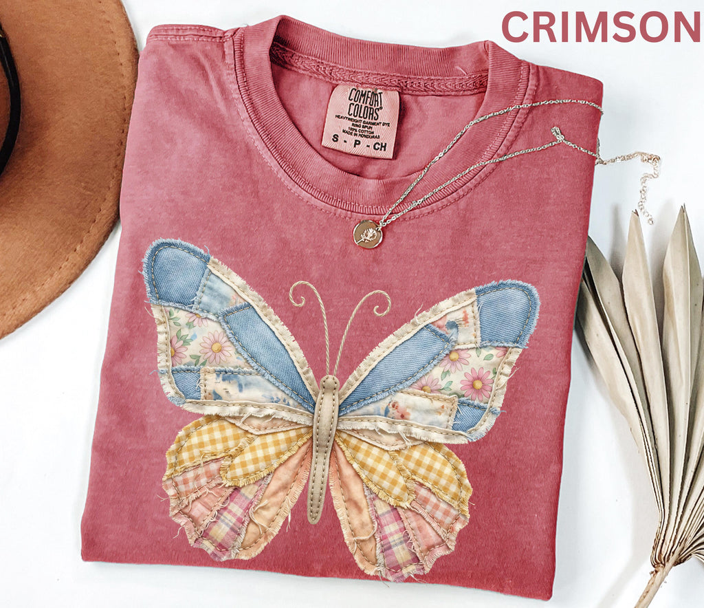 Comfort Colors Faux Patchwork Butterfly Shirt Spring Wildflower Aesthetic Graphic Tee Adult And Youth Matching Boho Vintage Shirts for Women