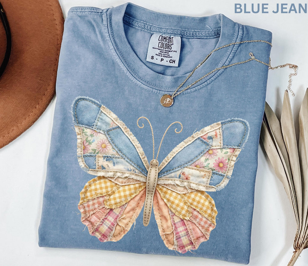 Comfort Colors Faux Patchwork Butterfly Shirt Spring Wildflower Aesthetic Graphic Tee Adult And Youth Matching Boho Vintage Shirts for Women