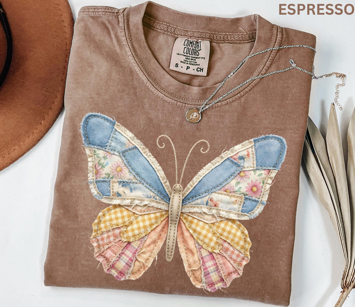 Comfort Colors Faux Patchwork Butterfly Shirt Spring Wildflower Aesthetic Graphic Tee Adult And Youth Matching Boho Vintage Shirts for Women