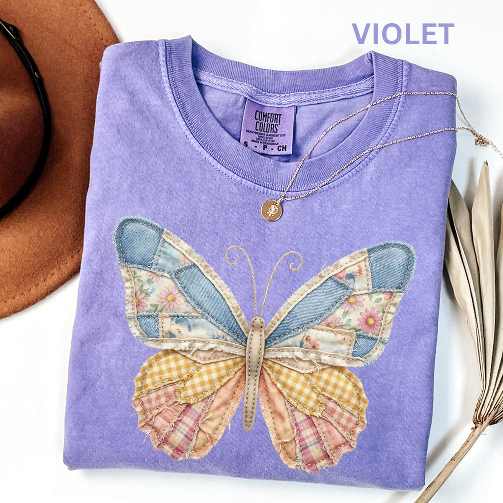 Comfort Colors Faux Patchwork Butterfly Shirt Spring Wildflower Aesthetic Graphic Tee Adult And Youth Matching Boho Vintage Shirts for Women