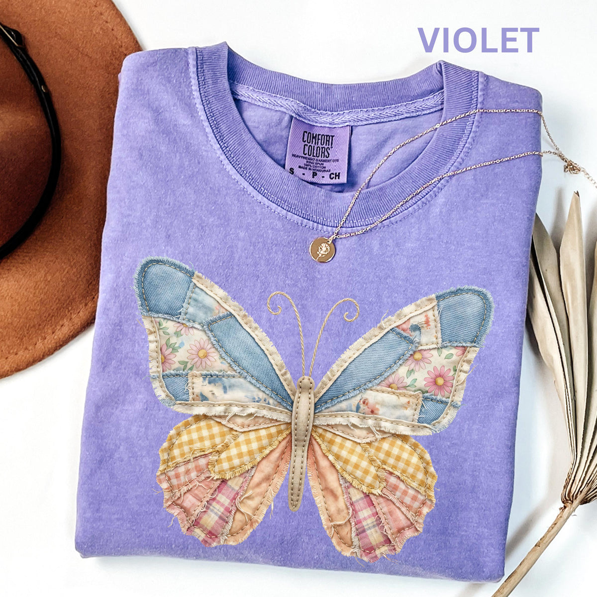 Comfort Colors Faux Patchwork Butterfly Shirt Spring Wildflower Aesthetic Graphic Tee Adult And Youth Matching Boho Vintage Shirts for Women
