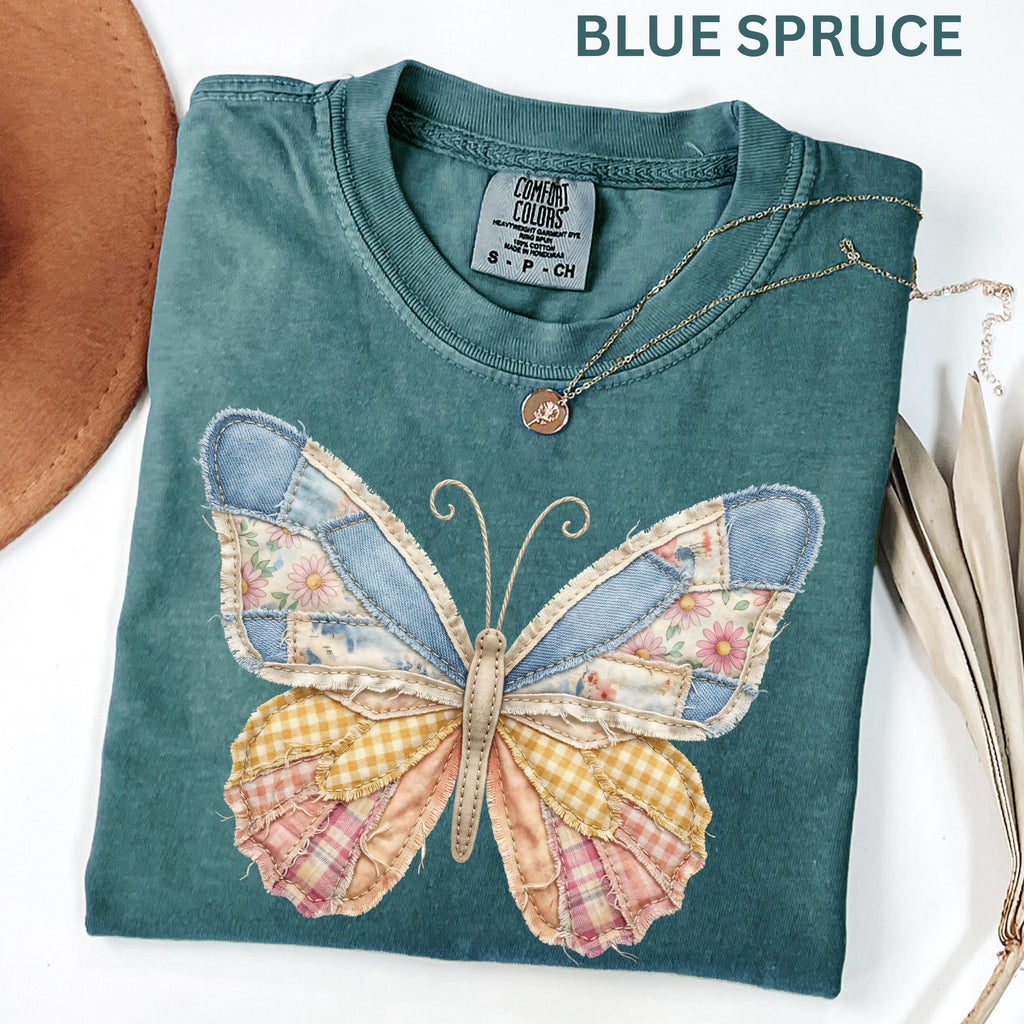 Comfort Colors Faux Patchwork Butterfly Shirt Spring Wildflower Aesthetic Graphic Tee Adult And Youth Matching Boho Vintage Shirts for Women