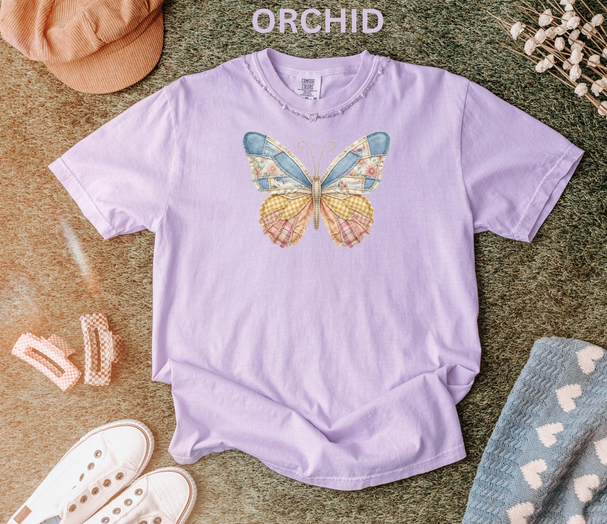 Comfort Colors Faux Patchwork Butterfly Shirt Spring Wildflower Aesthetic Graphic Tee Adult And Youth Matching Boho Vintage Shirts for Women