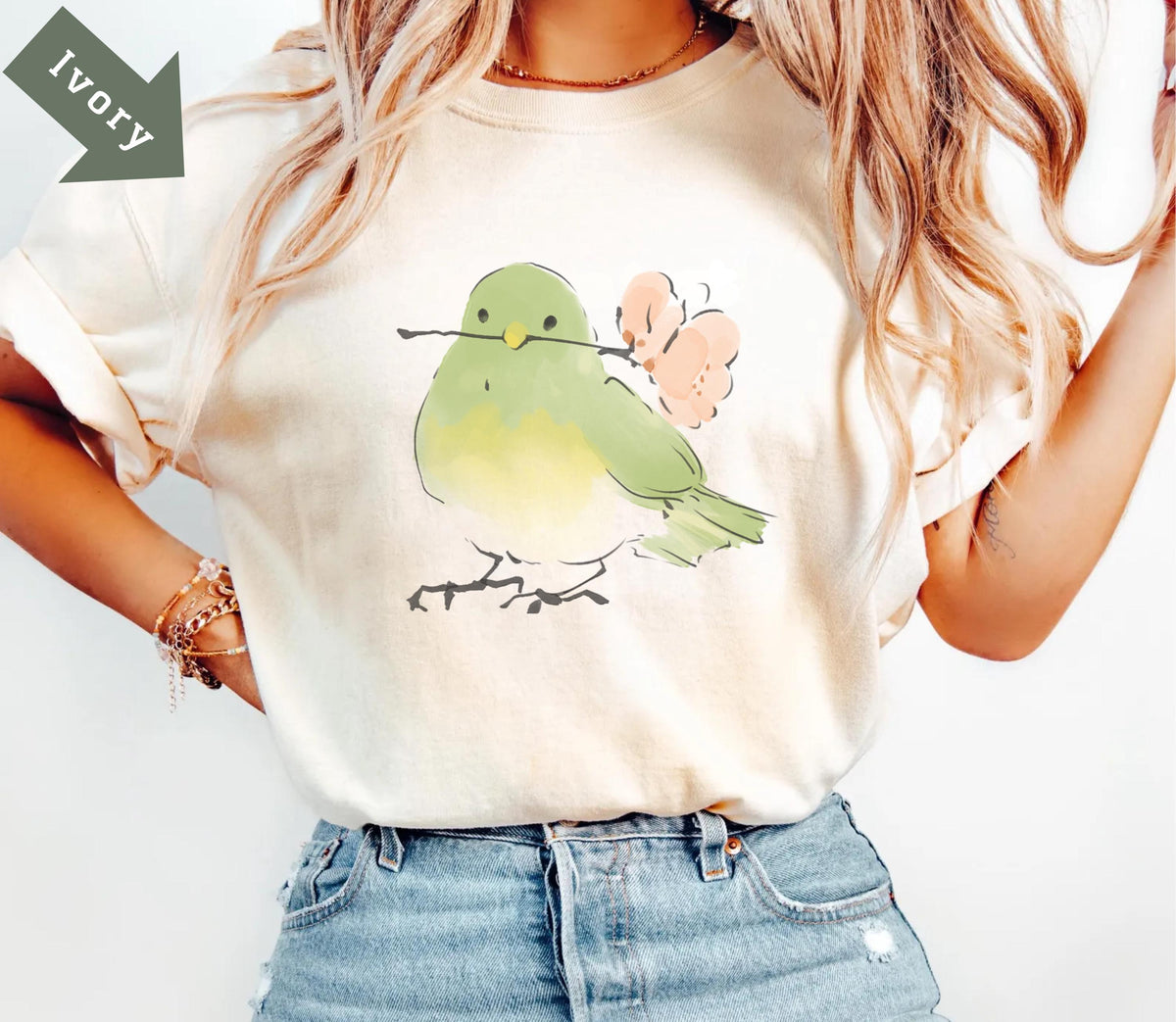 Cute Bird With Flower T-Shirt, Soft Nature Lover Gift. Comfort Colors Vintage Style Graphic Tee for Women Men, Spring Aesthetic Shirt