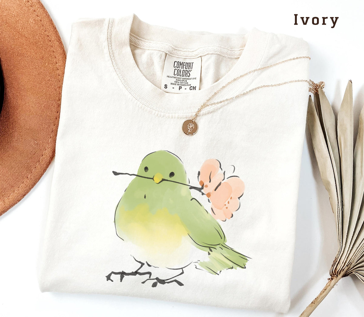 Cute Bird With Flower T-Shirt, Soft Nature Lover Gift. Comfort Colors Vintage Style Graphic Tee for Women Men, Spring Aesthetic Shirt