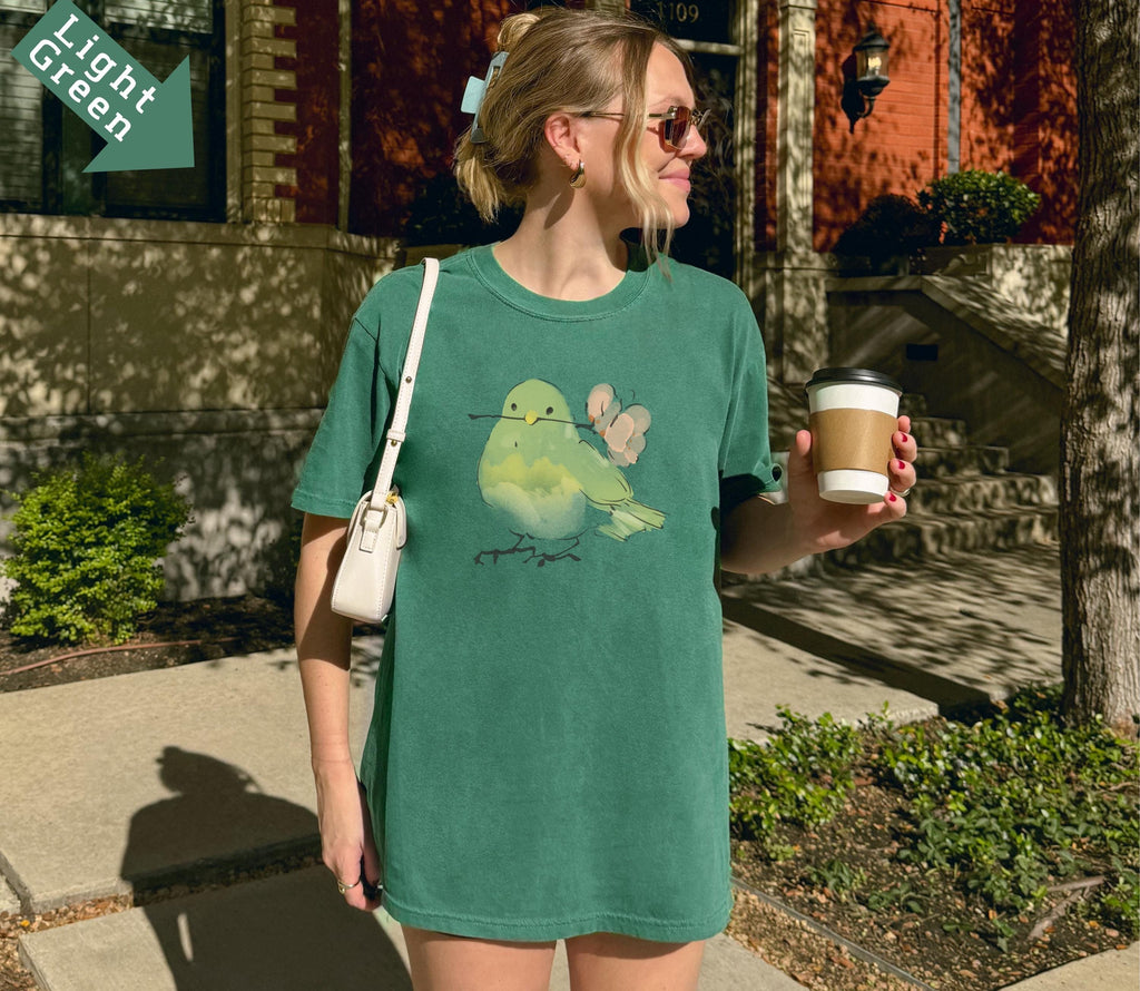 Cute Bird With Flower T-Shirt, Soft Nature Lover Gift. Comfort Colors Vintage Style Graphic Tee for Women Men, Spring Aesthetic Shirt