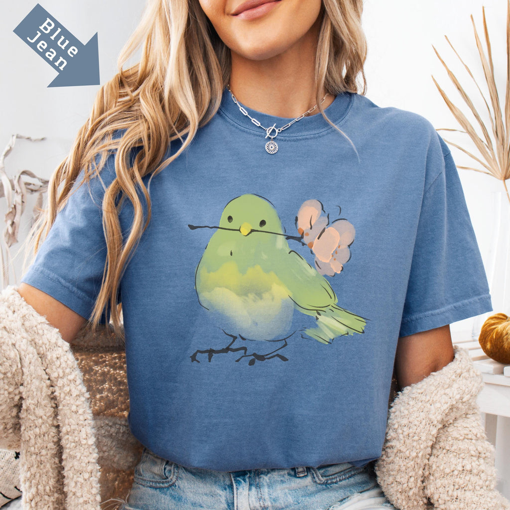Cute Bird With Flower T-Shirt, Soft Nature Lover Gift. Comfort Colors Vintage Style Graphic Tee for Women Men, Spring Aesthetic Shirt