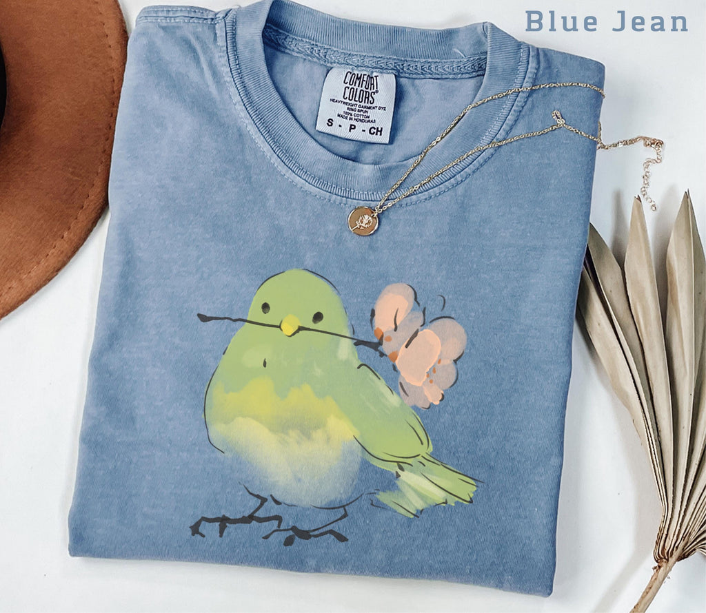 Cute Bird With Flower T-Shirt, Soft Nature Lover Gift. Comfort Colors Vintage Style Graphic Tee for Women Men, Spring Aesthetic Shirt