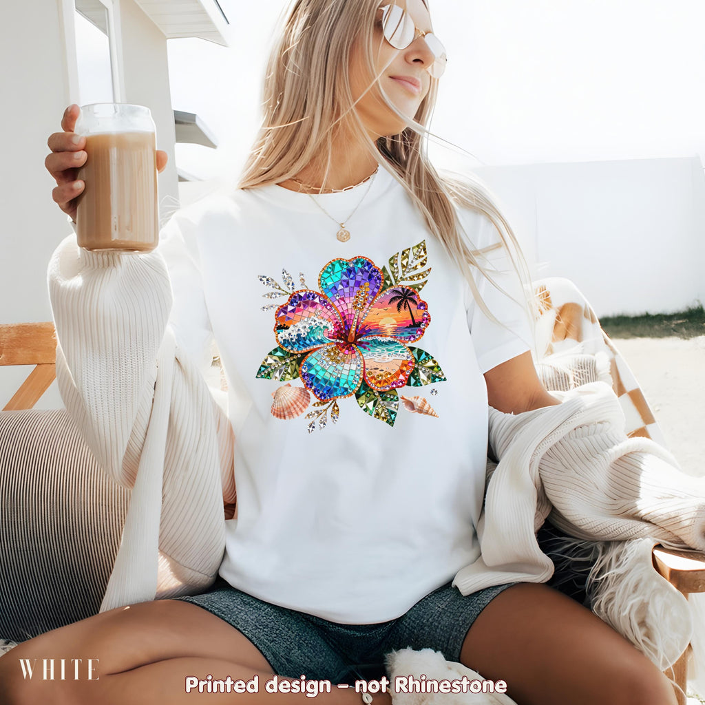 Sparkle Hibiscus Shirt Women, Beach Sunset Flower Tee, Cute Summer Graphic Shirt, Trendy Vacation Shirt, Comfort Colors