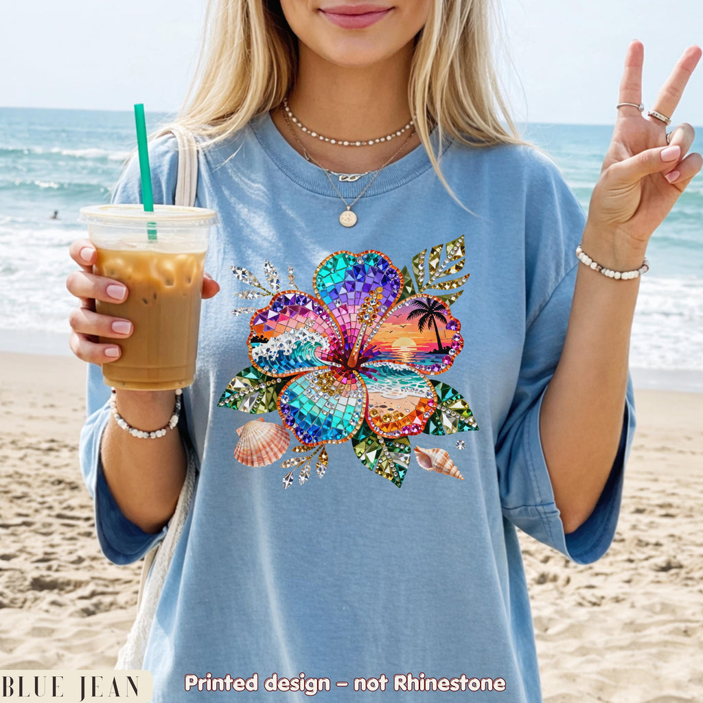 Sparkle Hibiscus Shirt Women, Beach Sunset Flower Tee, Cute Summer Graphic Shirt, Trendy Vacation Shirt, Comfort Colors