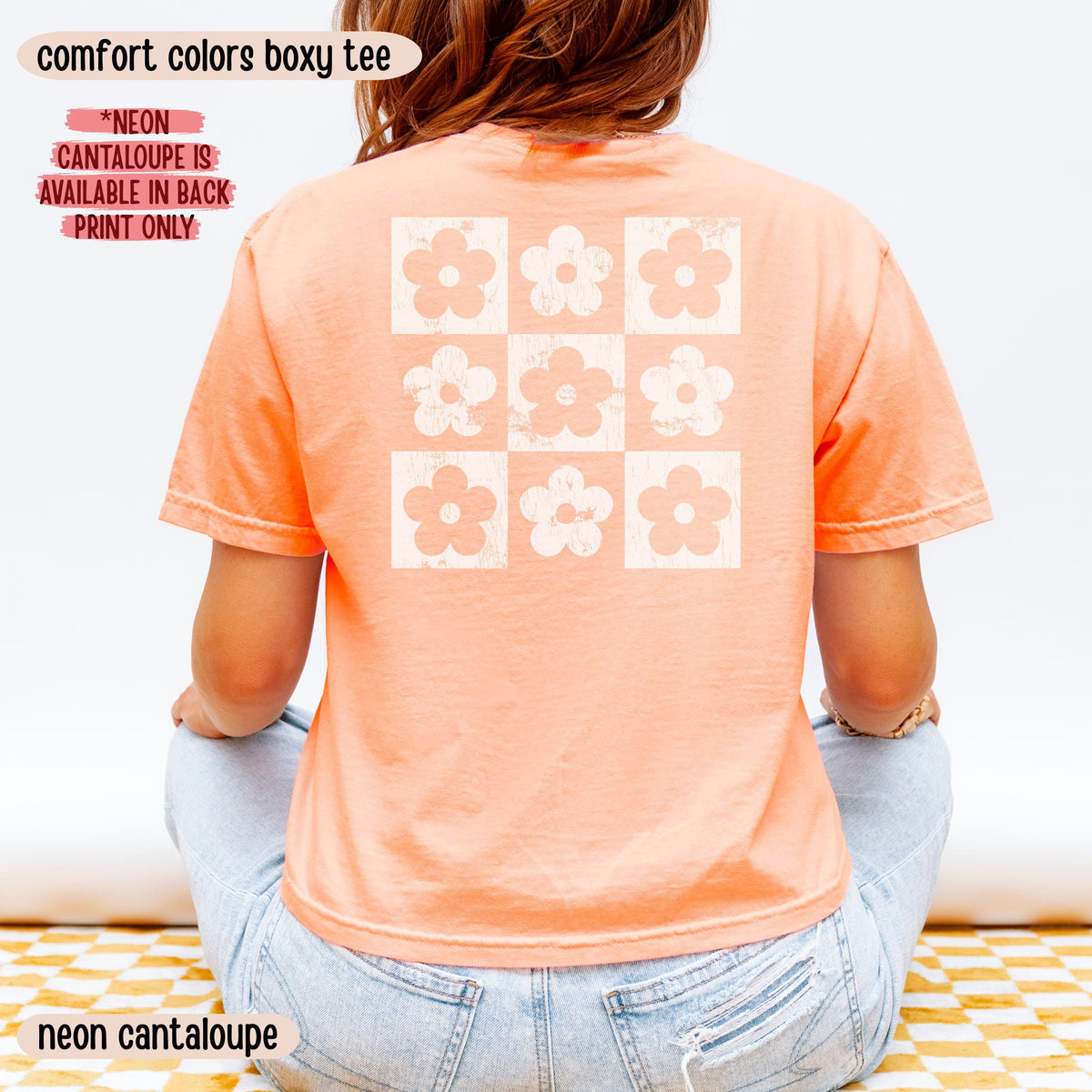 Comfort Colors® Boxy Crop Top Checkered Flowers Crop Tee Boho Floral Boxy Tee Gift For Mom Spring T Shirt Trendy Floral Cropped Tee