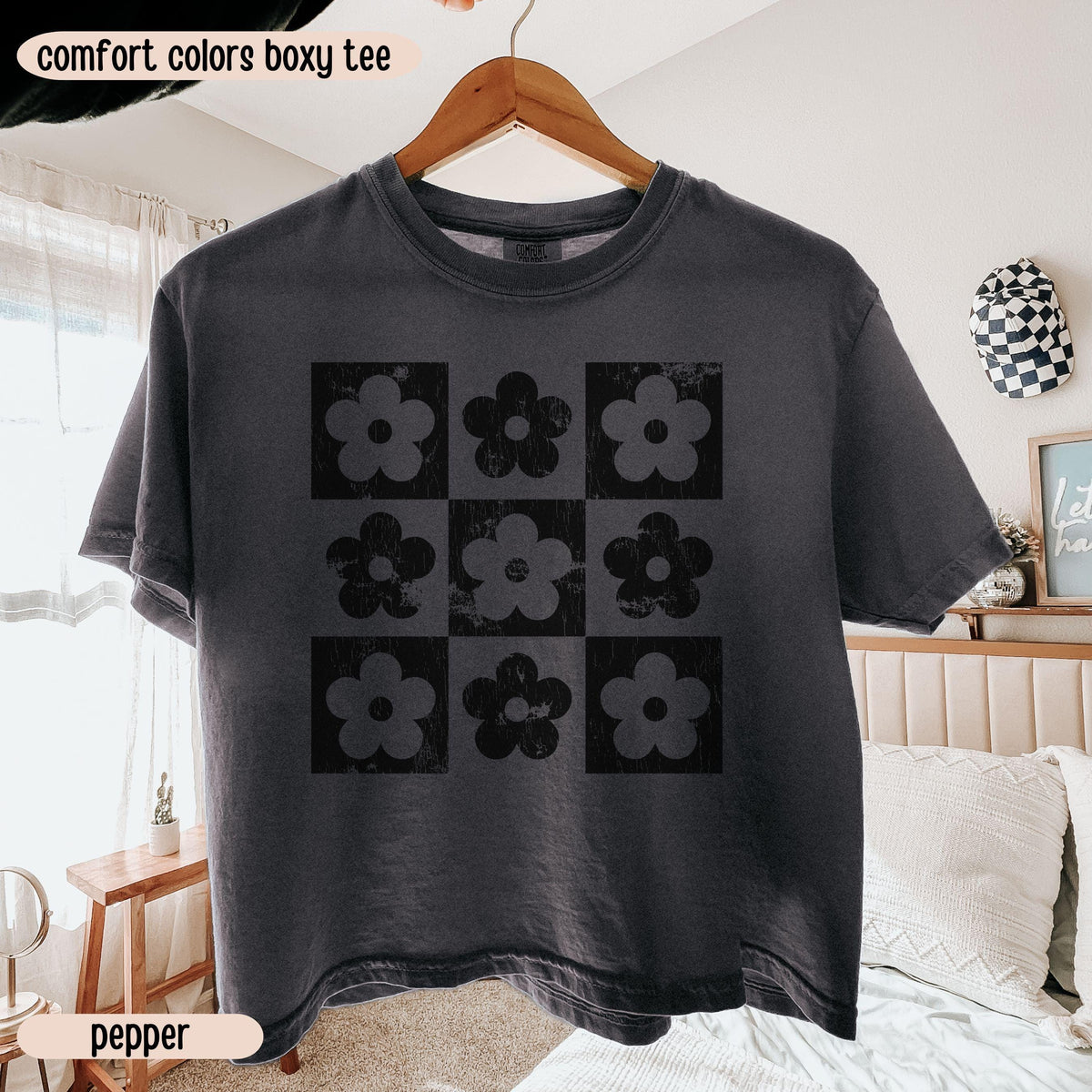 Comfort Colors® Boxy Crop Top Checkered Flowers Crop Tee Boho Floral Boxy Tee Gift For Mom Spring T Shirt Trendy Floral Cropped Tee