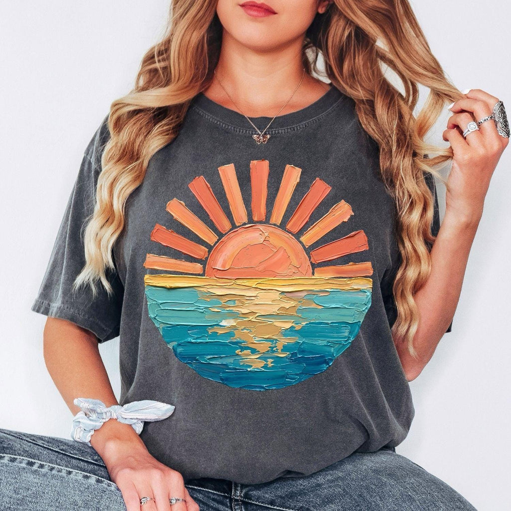 Comfort Colors Sunset Beach Shirt, Coastal Ocean Graphic Tee, Retro Summer Vacation T Shirt, Cute Travel Tee, Only Print- Not real Painting