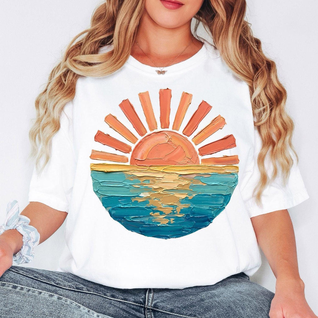 Comfort Colors Sunset Beach Shirt, Coastal Ocean Graphic Tee, Retro Summer Vacation T Shirt, Cute Travel Tee, Only Print- Not real Painting