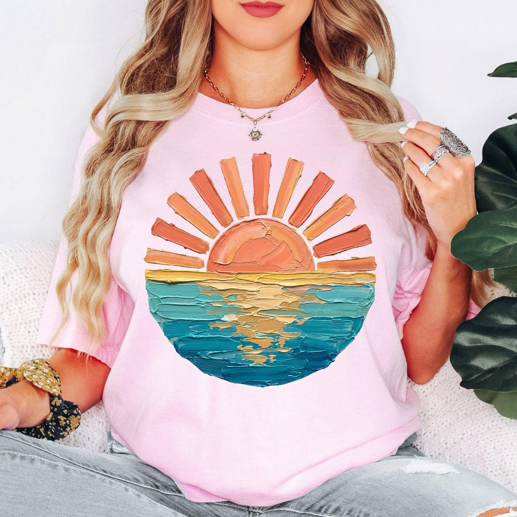 Comfort Colors Sunset Beach Shirt, Coastal Ocean Graphic Tee, Retro Summer Vacation T Shirt, Cute Travel Tee, Only Print- Not real Painting